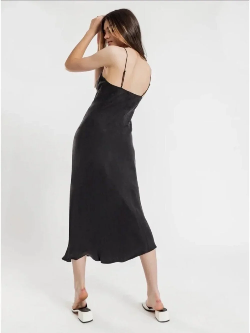 Abercrombie & Fitch Dress Size Large Petite Black Satin Slip Spaghetti Straps